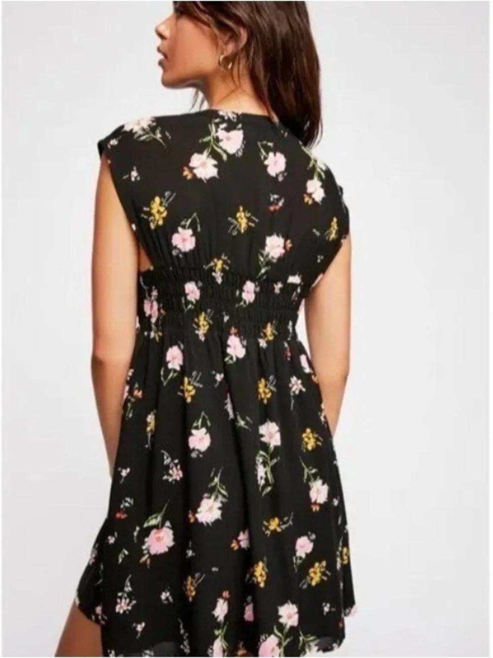Free People Medium Greatest Day Black Floral Smocked Button Front Mini Dress